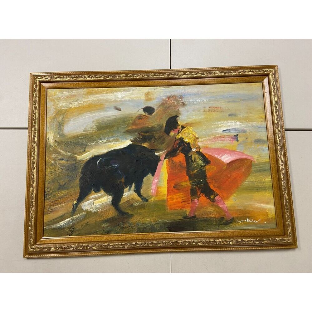 M Harold Signed Bullfight w/ Matador Oil Painting Gold Wood Frame 41.5x29.5"